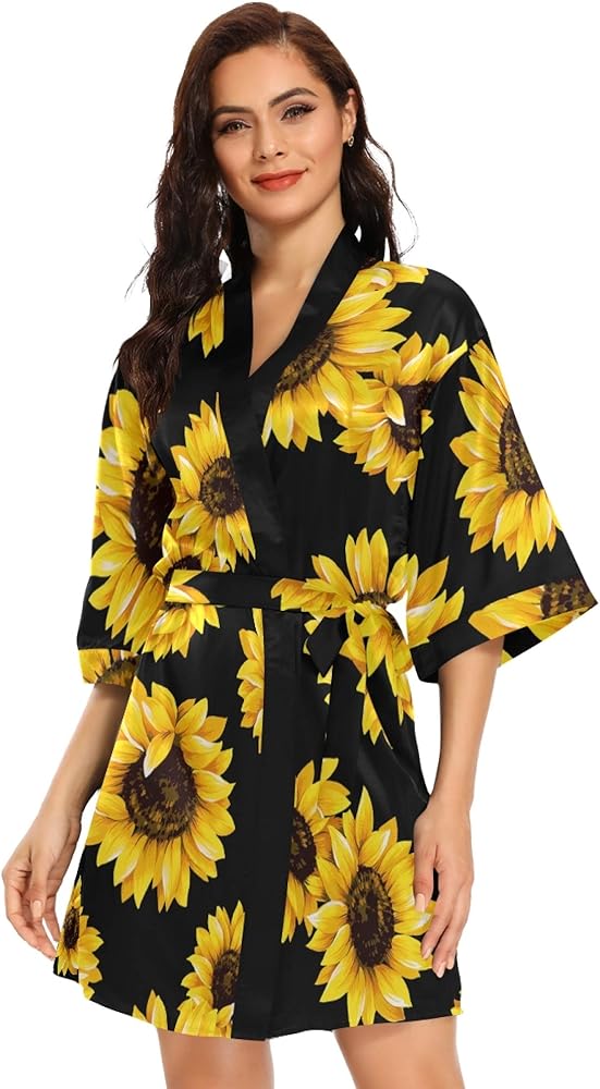 Women's Kimono Robes Sunflower Short Satin Bathrobe Soft Skin-friendly Sleepwear V-Neck Loungewear