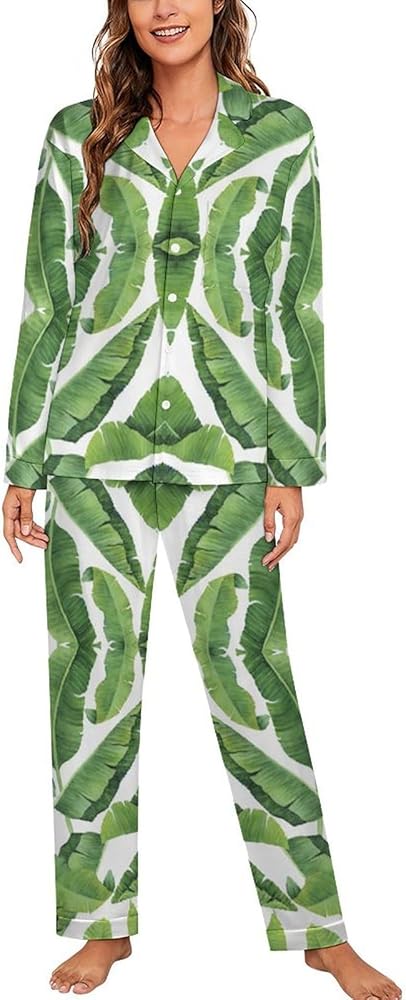 Watercolor Banana Leaves Women's Long Sleeve Button Down Sleepwear Soft Nightwear Lounge Pajamas Set