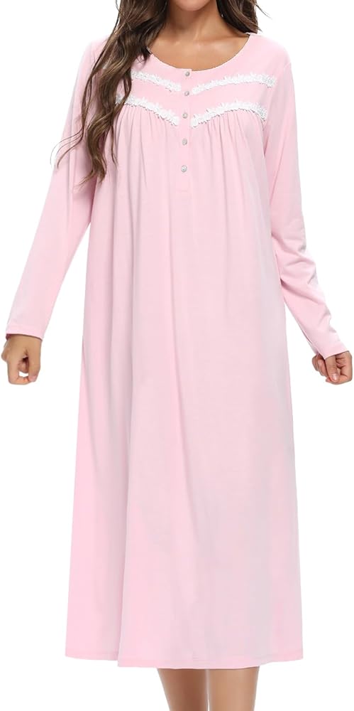 Long Cotton Nightgown Women's Long Sleeve Sleepwear Full Length Night Dress Soft Comfy Button Loungewear