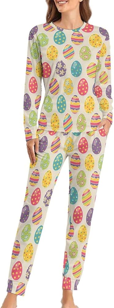 Easter Eggs Womens Pajama Sets Long Sleeve Top And Pants Soft Comfortable Sleepwear Loungewear Set