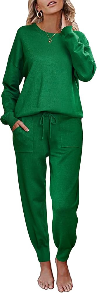 Ekouaer Women's 2 Piece Lounge Set Long Sleeve Knit Pajamas Sweatsuit Jogger Pant Outfits With Pockets S-XXL