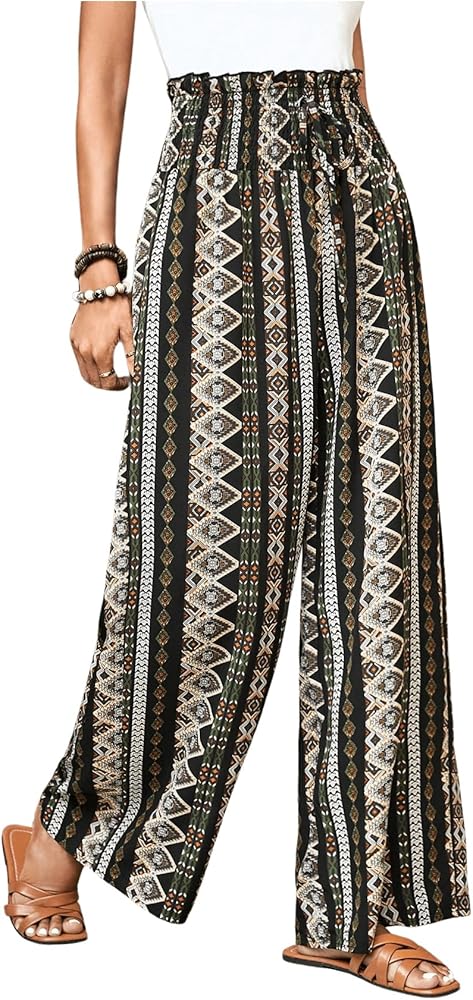 MakeMeChic Women's Boho Vintage Print Wide Leg Lounge Pants Paperbag High Waisted Flowy Trousers