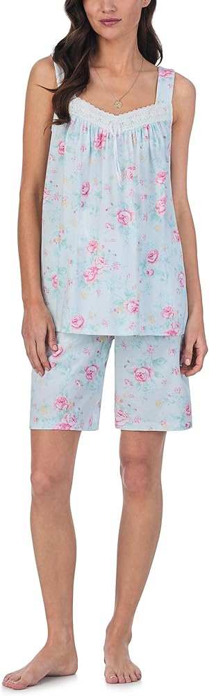 Carole Hochman Pajama Sets for Women 2 Piece Summer Floral Cotton Knit Lightweight Sleeveless Tank and Bermuda Short