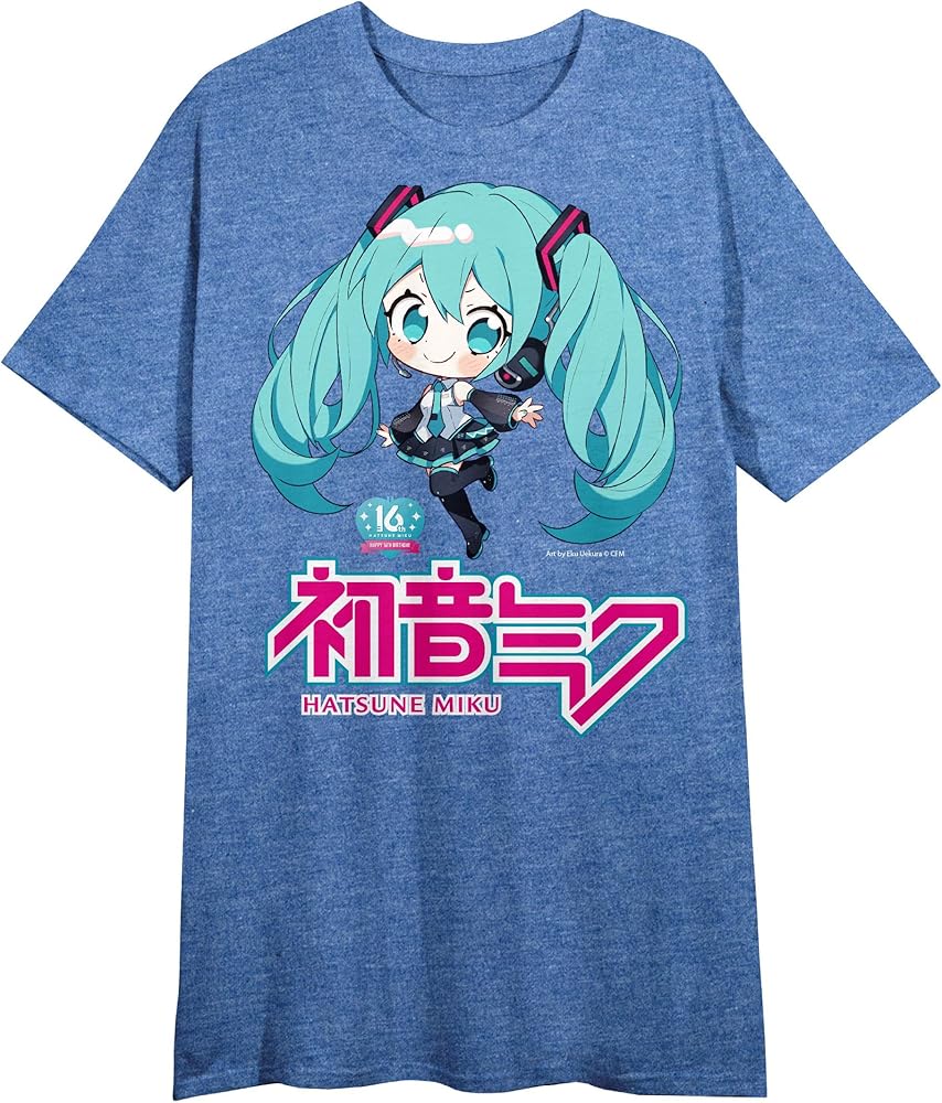 Bioworld Hatsune Miku Character & Kanji Crew Neck Short Sleeve Blue Heather Women's Night Shirt