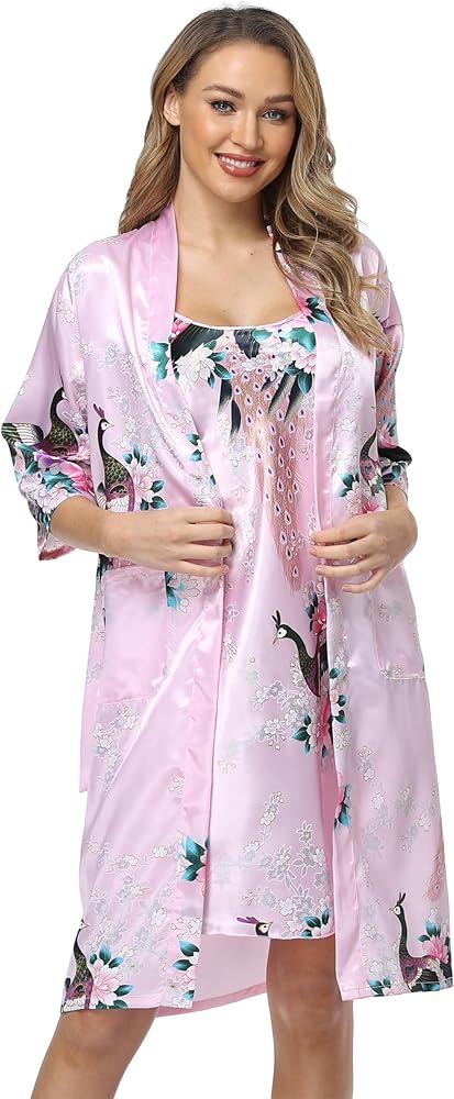 Women's Floral Satin Kimono Robe and Nightgown Set with Camisole 2 Piece Sleepwear Peacock Bathrobe