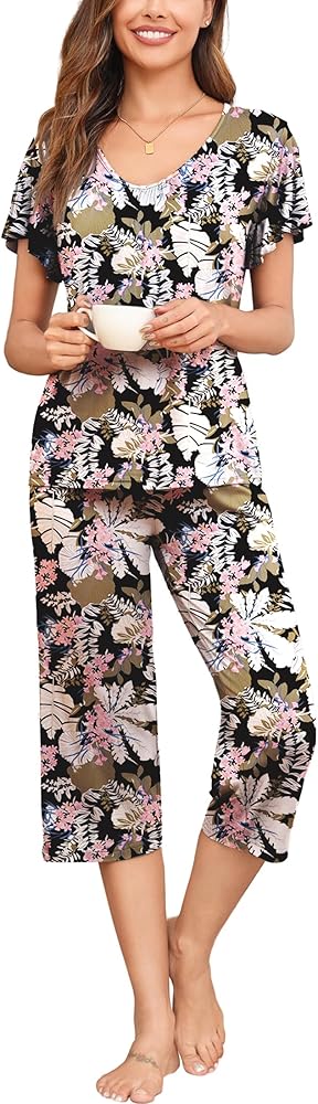 Womens Capri Pajamas Sets Floral Print 2 Pieces Lounge Sets with Capri Pants