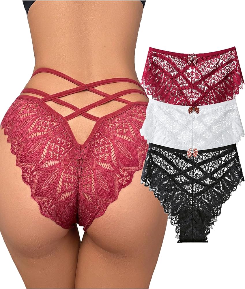 Womens Sexy Thongs Lace Panties Underwear Low Rise Plus Size Underpants Pack of 3