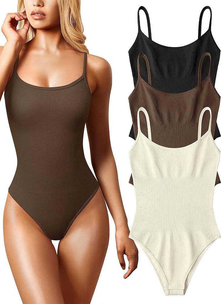 OQQ Women's 3 Piece Bodysuits Sexy Ribbed Sleeveless Adjustable Spaghetti Strip Tops Shapewear Bodysuits