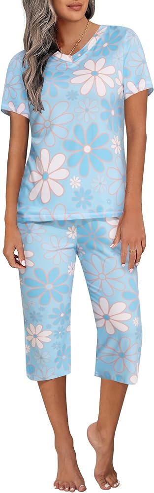 Ekouaer Women's Sleepwear Capri Pajama Sets Short Sleeve Two-Piece Pjs V Neck Tops & Capri Pants with Pockets S-3XL