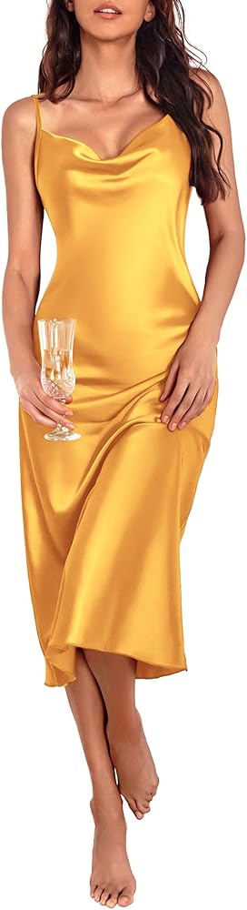 Ekouaer Womens Satin Nightgown Sexy Lingerie Sleepwear Spaghetti Strap Cowl Neck Elegant Long Slip Satin Silk Midi Dress