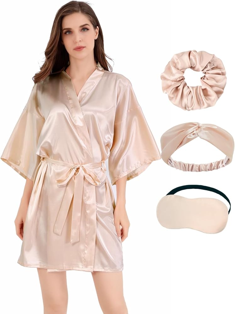 Women Bride Bridesmaid Silky Satin Kimono Robe Solid Color Sleepwear for Wedding Party Getting Ready, Short