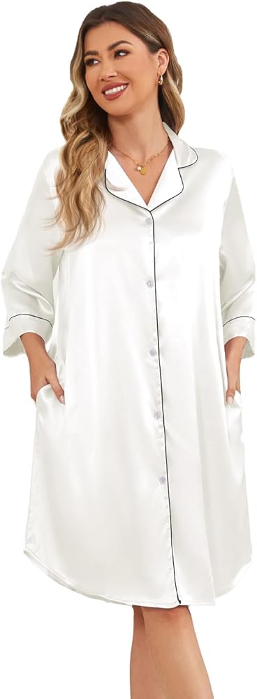 Kasual Women's Satin Nightgown Button Down Sleepshirt Silky Pajama Dress 3/4 Sleeve Sleepwear Boyfriend Nightshirt