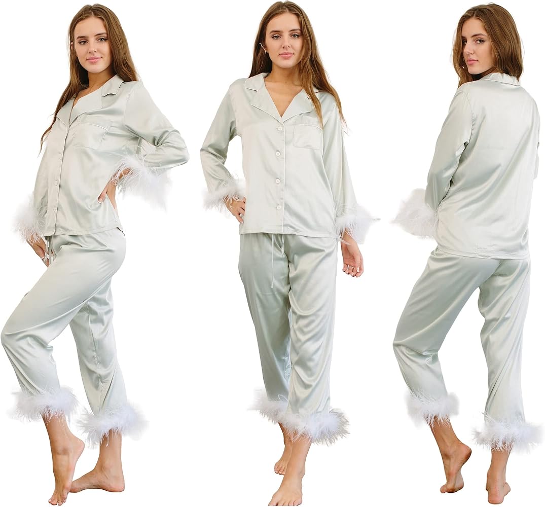 Queens Bridal Feather Trim Pajama Set for Women Satin Silk Long Sleeve Top With Pants Sleepwear Button Down S To XXL