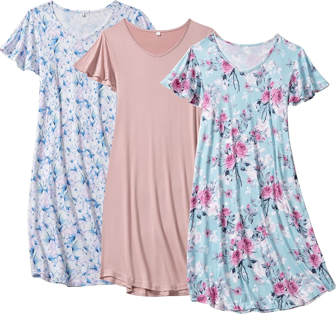 3 Pack Women's Nightgown Short Sleeve Sleepshirts V Neck Print Nightshirts for Women Sleepwear