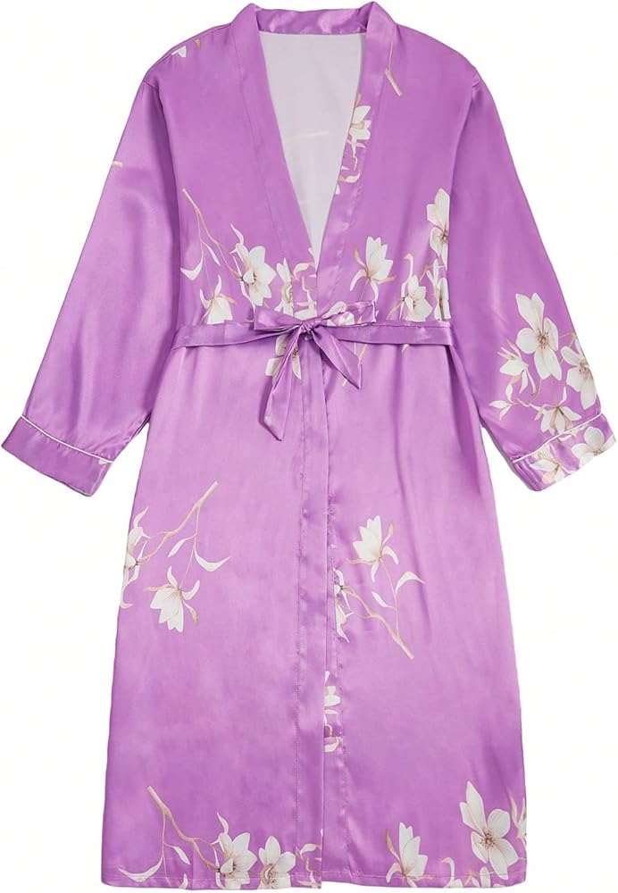 WDIRARA Women's Floral Print Long Sleeve Satin Long Robe Bridesmaid Wedding Party Robe