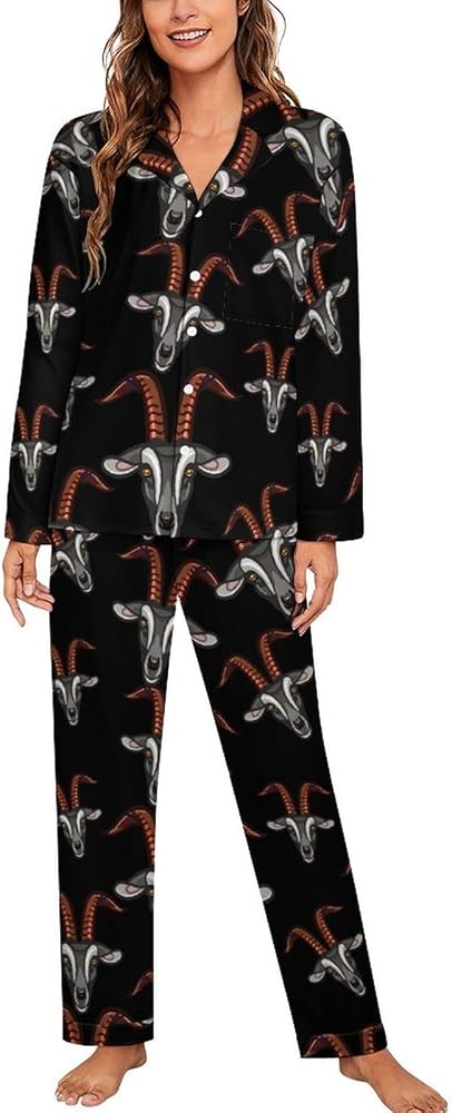 Goat Head Fashion Womens Pajama Sets Cuban Collar Sleepwear Long Sleeve Nightwear Loungewear