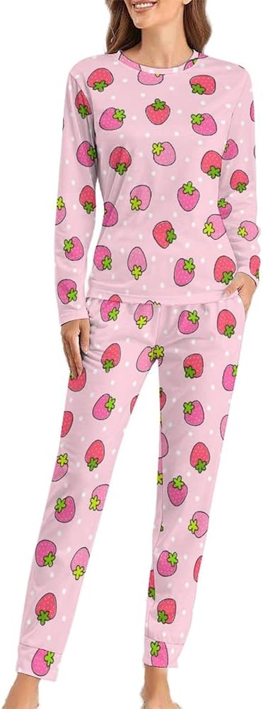 Cute Pink Strawberry Womens Pajama Sets Long Sleeve Top And Pants Soft Comfortable Sleepwear Loungewear Set