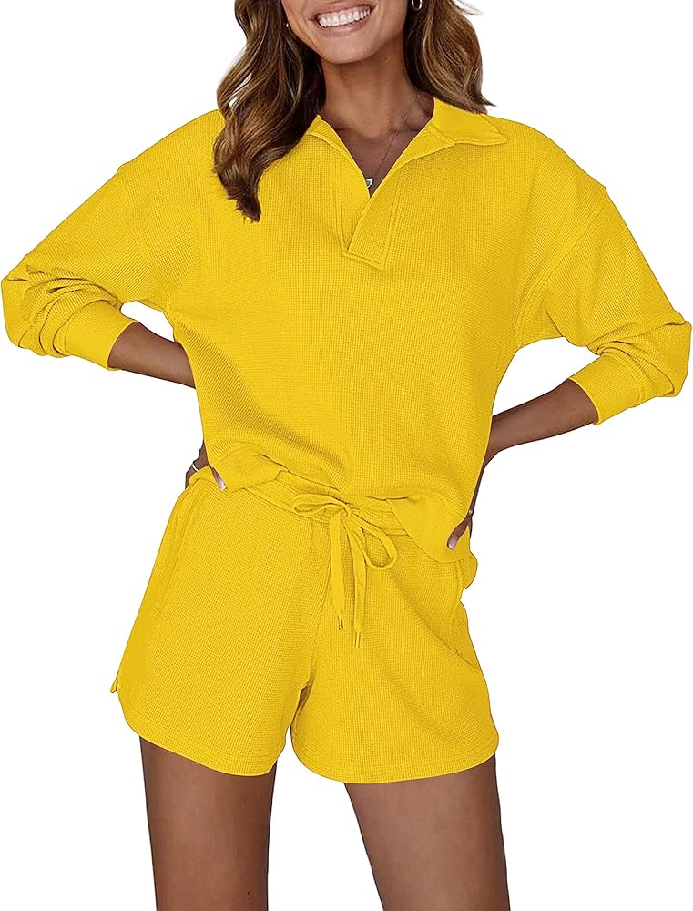 MEROKEETY Women's 2 Piece Waffle Knit Lounge Sets Long Sleeve Shorts Outfits Pjs with Pockets