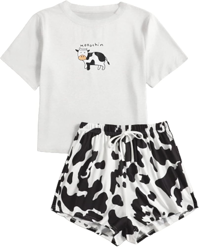 WDIRARA Women's Cartoon Cow Print Short Sleeve Tee and Shorts Pajama Set