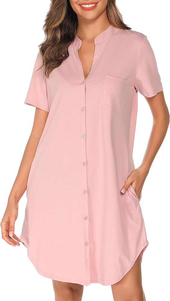 Vlazom Nighties for Women, Ladies Button Down Nightgown Short Sleeves Soft Casual Nightshirt Pajama Dress with Pocket S-XXL