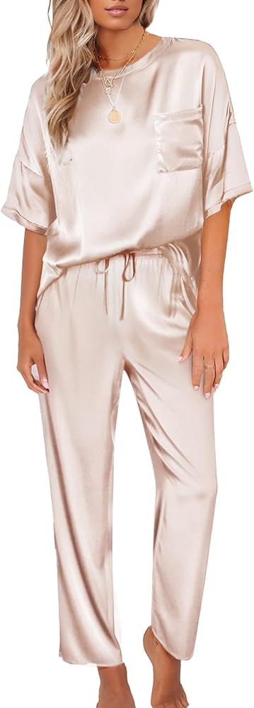 CUPSHE Womens Satin Silk Pajama Set Soft Pjs Sleepwear Short Sleeve Top with Long Pajama Pant Set