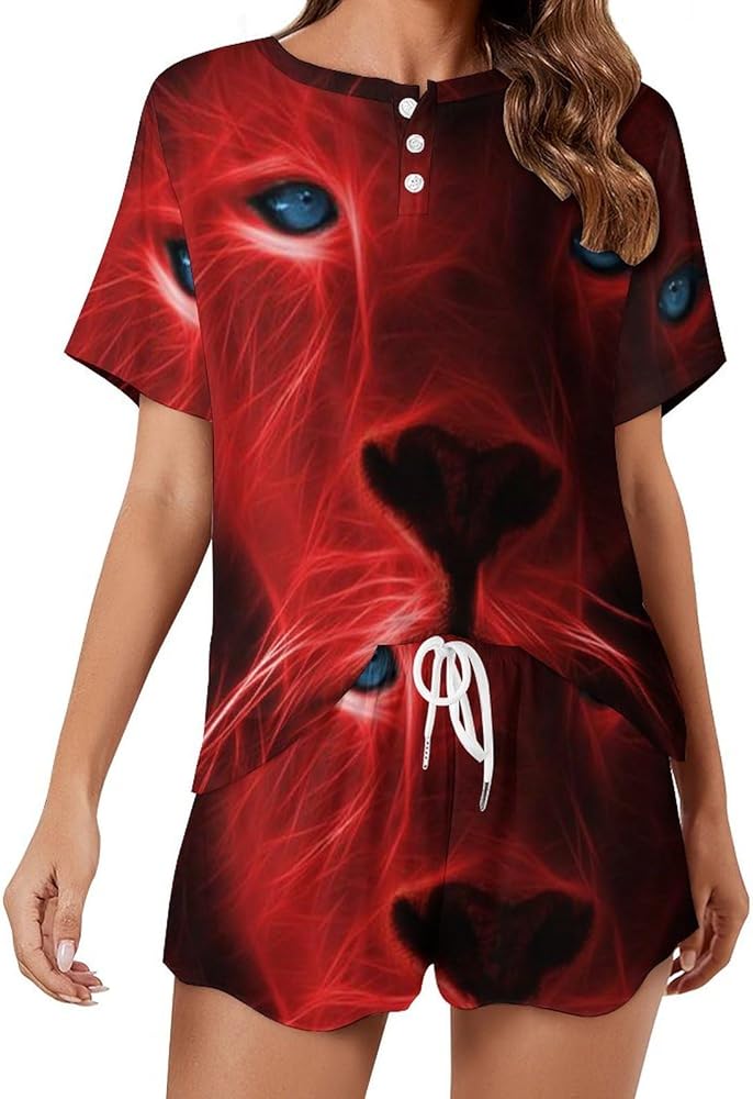 3D Flaming Lion Women's 2 Piece Pajamas Short Sleeve Shorts Sleepwear Set Causal Loungewear Home Suit 5XL