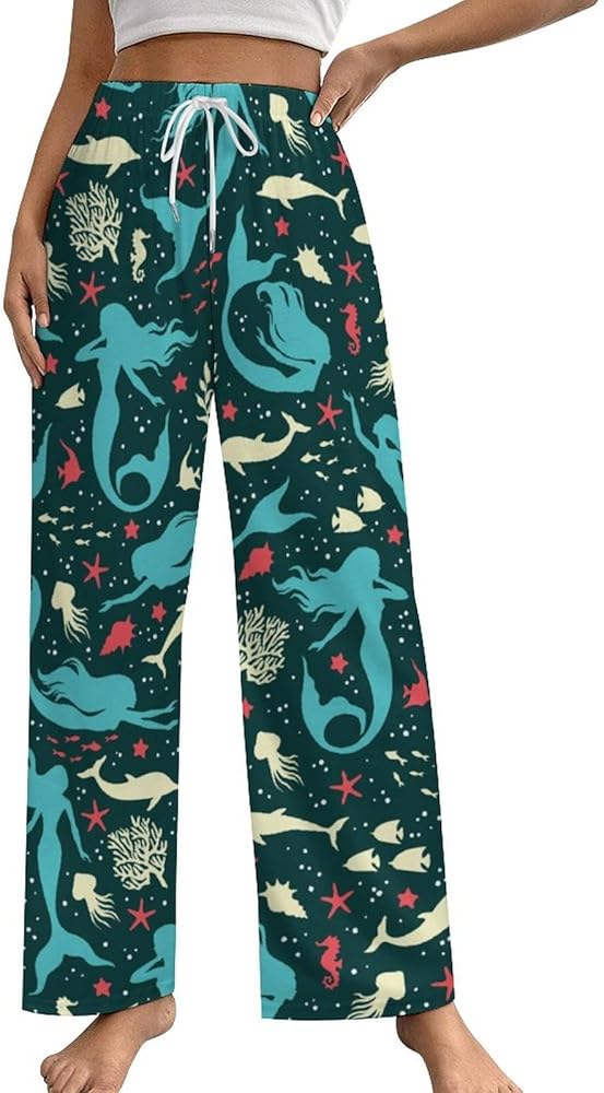 Mermaids Seashells Dolfins Women's Comfy Stretch Drawstring Palazzo Wide Leg Lounge Pant