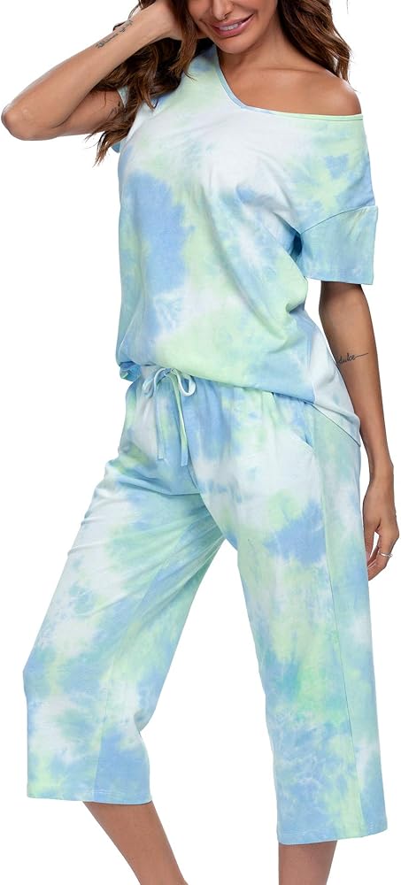 ENJOYNIGHT Women's Tie Dye Pajamas Sets Lounge Short Sleeve Top with Capri Pants Sleepwear 2 Piece Set