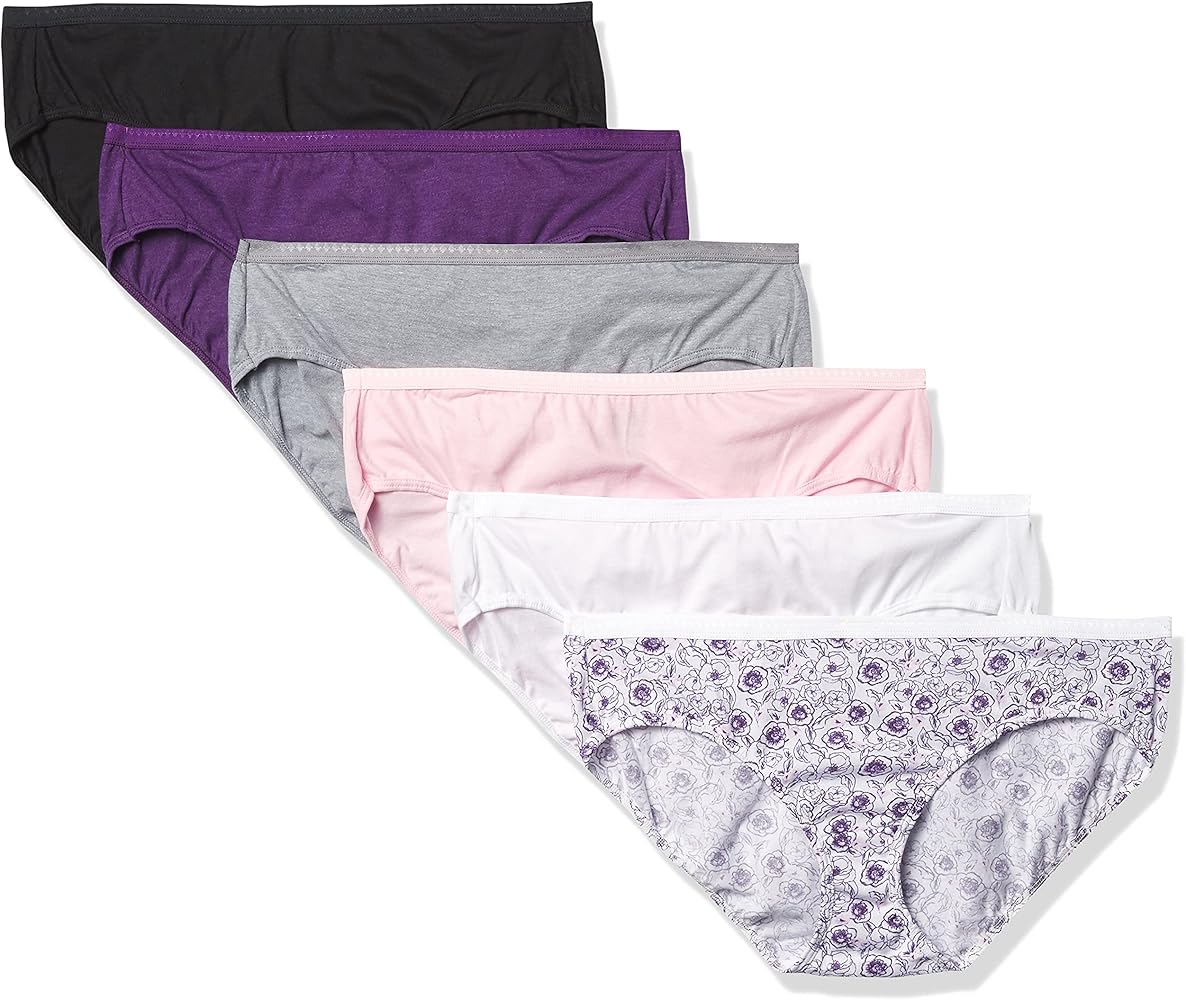 Hanes Ultimate Women's 6-Pack Breathable Cotton Hipster Panty, Sugar Flower Pink, White, Concrete PE Heather, Black, Purple Vista Heather, Purple Vista Floral Print, 9