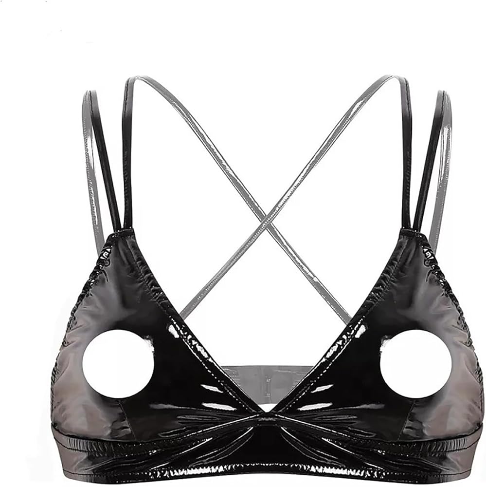 Womens Fashion Faux Leather Bralette Wire-Free No Pad Crop Top Rave Dance Cleavage Bra Exotic Strap Bra