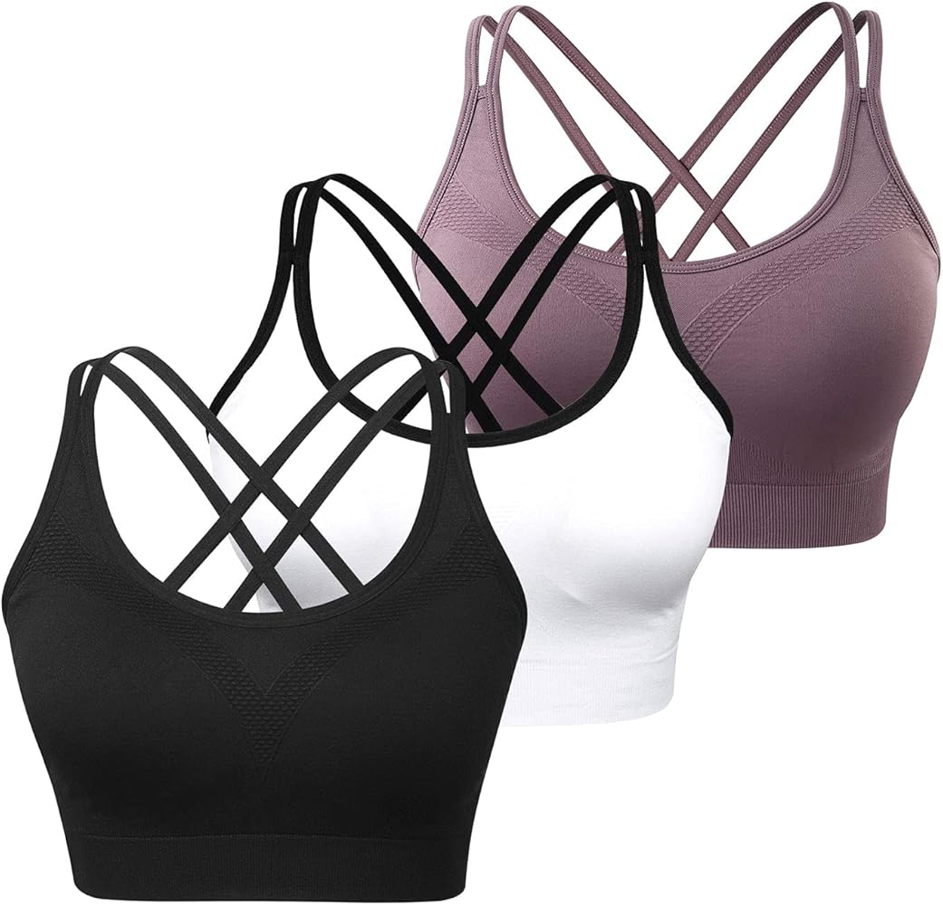 WOYYHO Cross Back Sports Bra for Women Padded Strappy Yoga Bra Medium Support Workout Bra for Athletic Gym Fitness 3 Pack