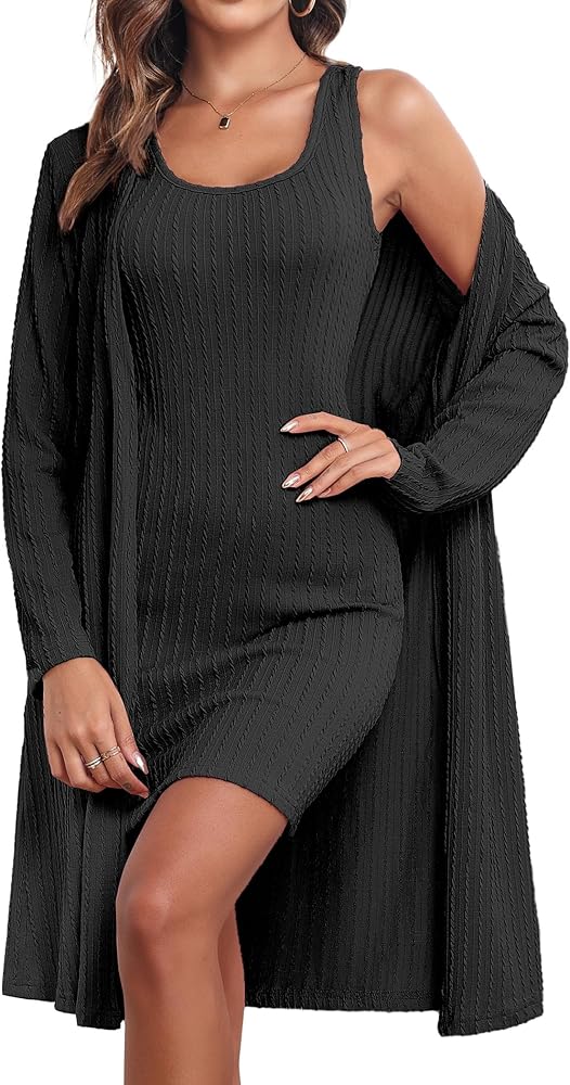 Ekouaer Robe Sets for Women Sleepwear Rib Knit Bodycon Nightgown with Robes Set 2 Piece Soft Lightweight Loungewear