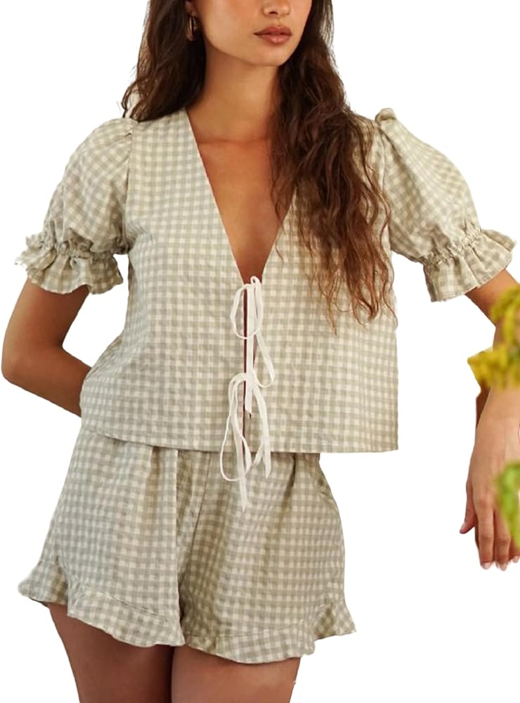 Faretumiya Women Plaid 2 Piece Pajama Shorts Set Tie Front Puff Sleeve Babydoll Shirt Gingham Shorts Pj Set Sleepwear