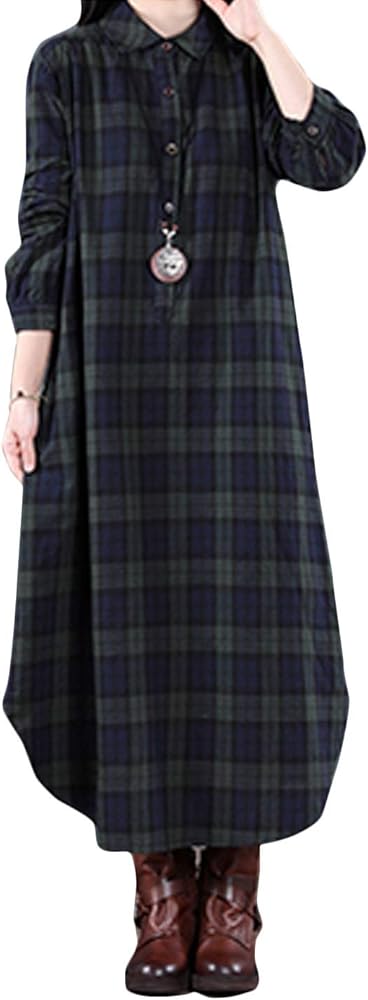 Flygo Women's Long Sleeve Button Plaid Long Shirt Loose Casual Midi Dress Sleepwear