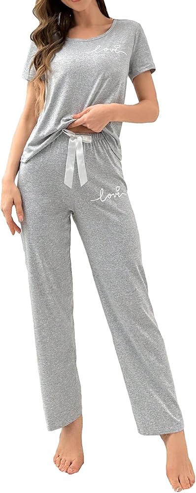 Floerns Women's 2 Piece Sleepwear Tee Shirt with Bow Front Pants Pajama Set