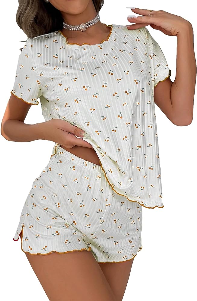 SOLY HUX Pajama Set for Women Cute Print Short Sleeve Tee and Shorts Lounge Sleepwear Yellow Cherry Print M