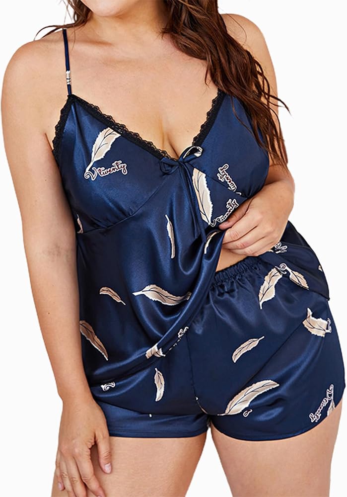 Hilinker Womens Plus Size Sexy Silk 2 Piece Pajamas Satin Cami Shorts Set Lace Sleepwear