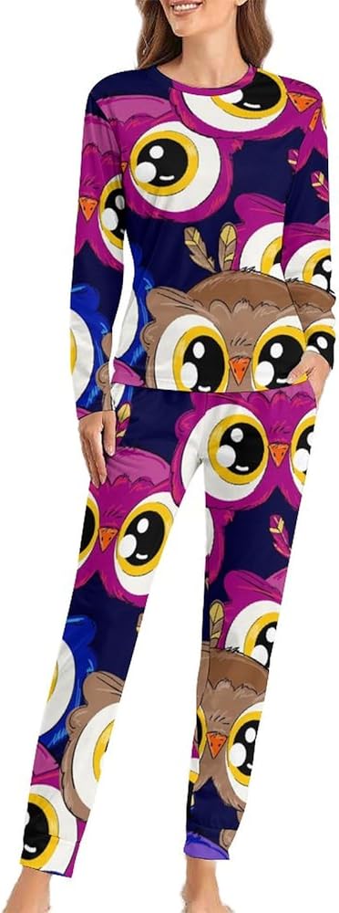 Big Eyes Owl Pattern Womens Pajama Sets Long Sleeve Top And Pants Soft Comfortable Sleepwear Loungewear Set