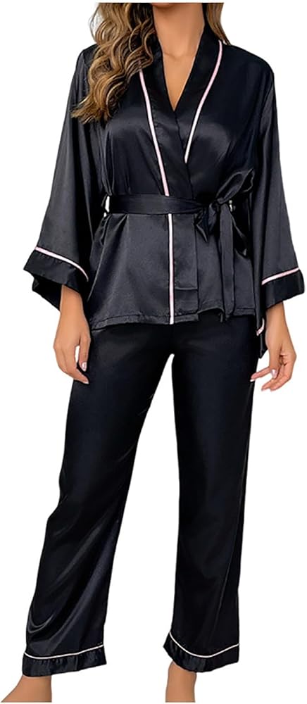 Women's Oversied Satin Belted Robe Pajamas Sets with Pants 2Piece Flare Sleeve Cardigan Loungewear Sleepwear Set