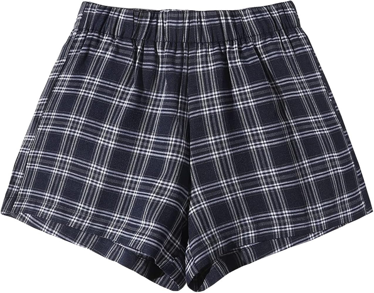 OYOANGLE Women's Plus Size Plaid Pajama Shorts Elastic Waisted Sleep Lounge Shorts