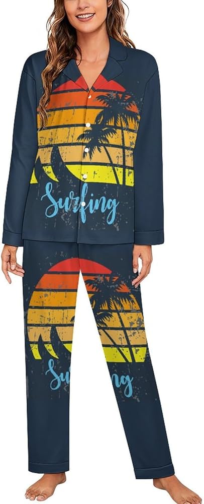 Vintage Sunset Beach Surf Tree Pajamas Set for Women Long Sleeve Button Down Sleepwear Soft Lounge Pjs Set with Pockets