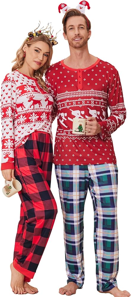 Ekouaer Matching Chritsmas Pajamas Long Sleeve PJ Set Men Holiday Sleepwear Jammies Print Tops and Pants