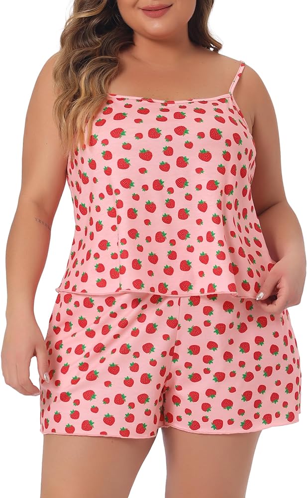 Agnes Orinda Plus Size Pajamas for Women Strawberry Pattern Sleepwear Cami Shorts Set Cute Nightgown