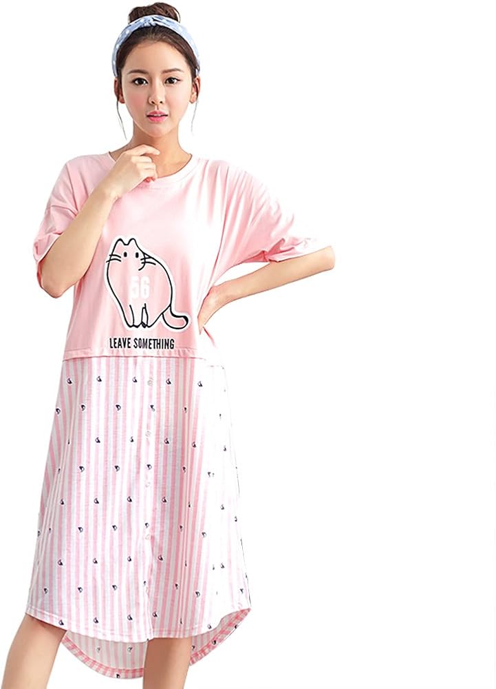 COMIART Women Cotton Nightdress Cartoon Cat Printing Nightie Soft Pink Sleepwear Korean Style with Button Design