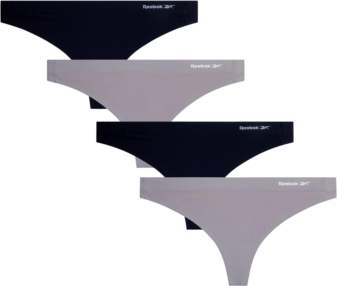 Reebok Women's Thong Underwear - 4 Pack Breathable Stretch Performance Sexy Thong Panties - Seamless Thongs for Women (S-XL)