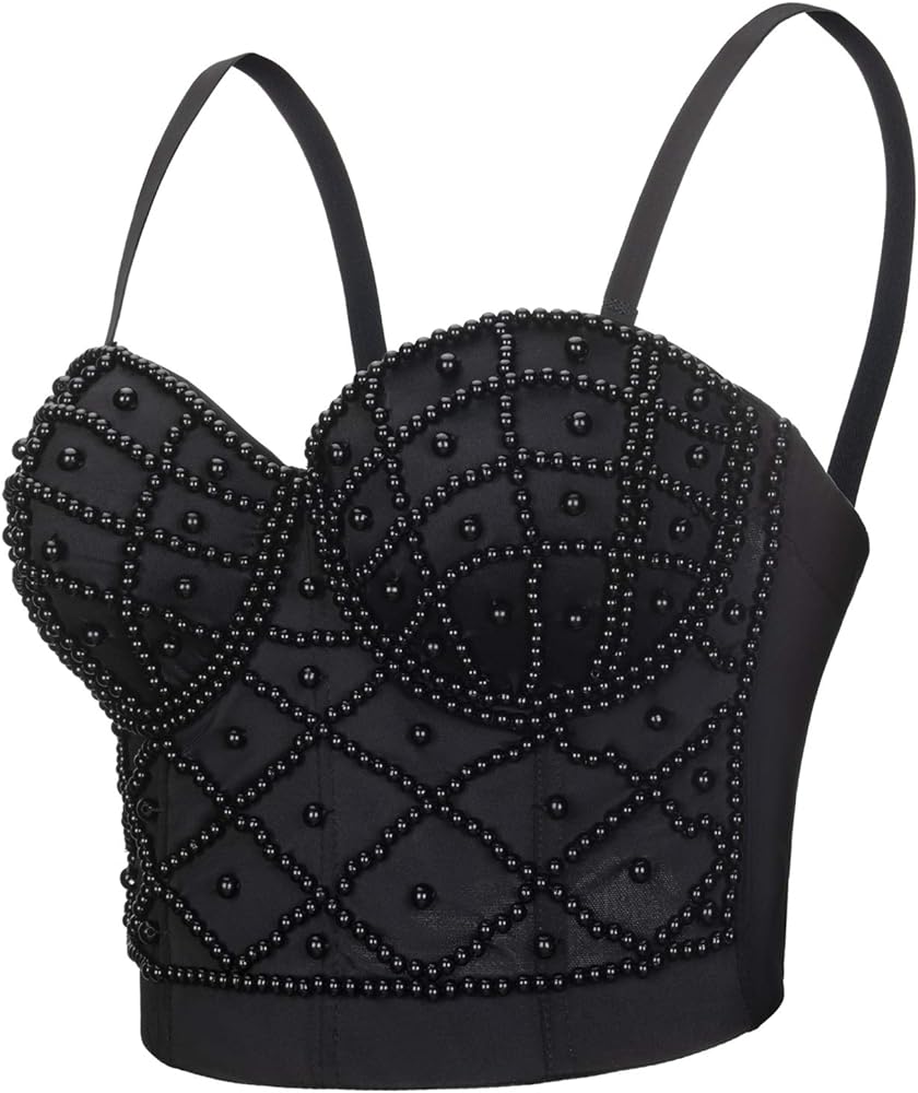 Women's Strap Beads Bustier Corset Crop Top Club Party Bra