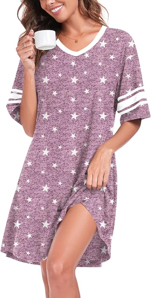 Womens Nightgowns Short Sleeve Sleepshirt Sleepwear Casual V Neck Sleep Dress Loungewear Nightshirts