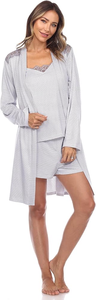 white mark Women's 3 Piece Striped Pajama & Robe Set