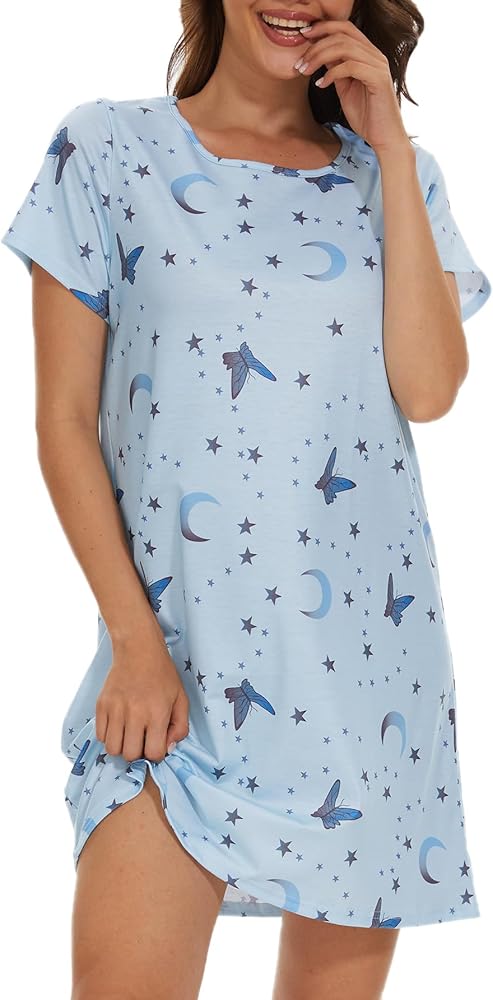 YIJIU Womens Nightgowns Short Sleeve Printed Nightshirts Casual Sleepwear Soft Sleepdress S-3XL