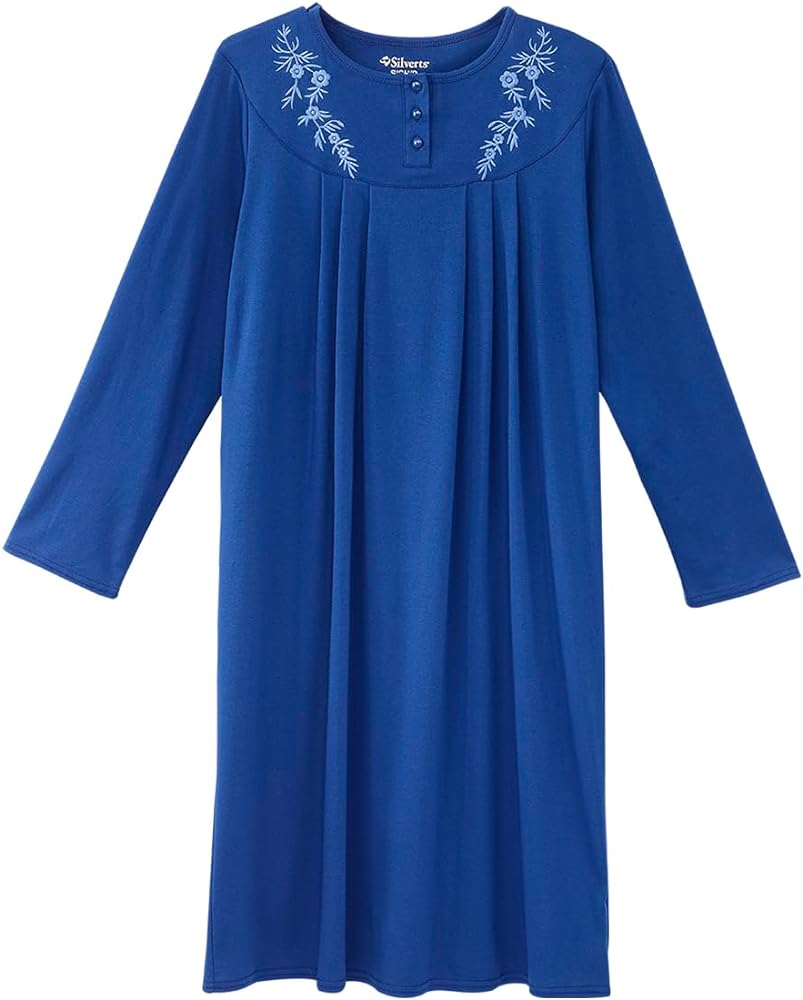 Women's Open Back Adaptive Home Care Nightgown with Crew Neck - Long Sleeve Embroidered Hospital Gown for Seniors